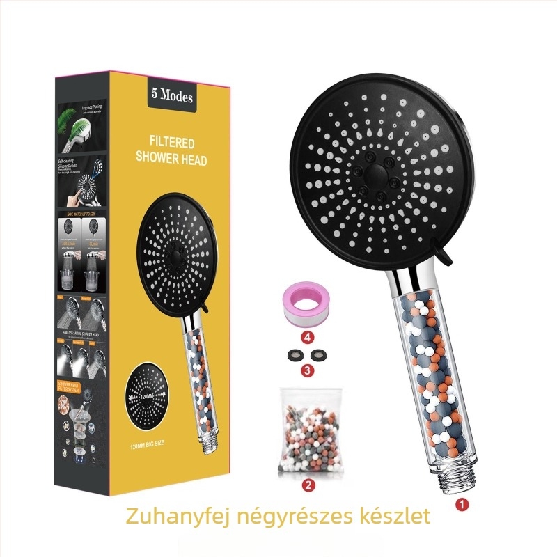 Kézi zuhanyfej öt üzemmóddal, ásványkő szűrővel és nyomásfokozó funkcióval