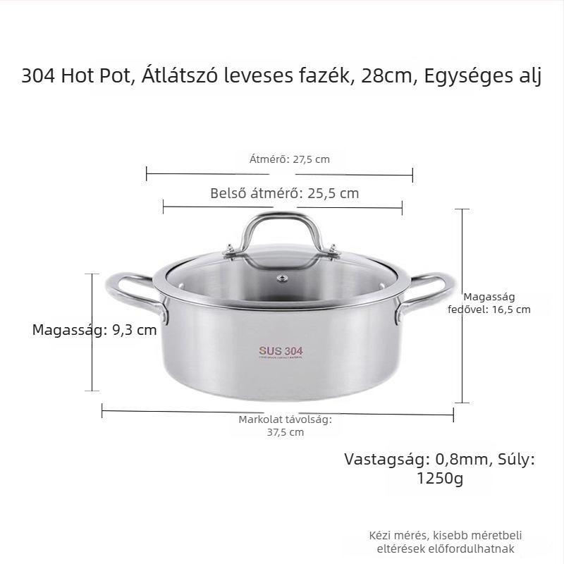 304 rozsdamentes acélból készült vastagfalú edény Yin-Yang mintával és dupla aljzattal, üvegfedél, kereskedelmi felhasználásra