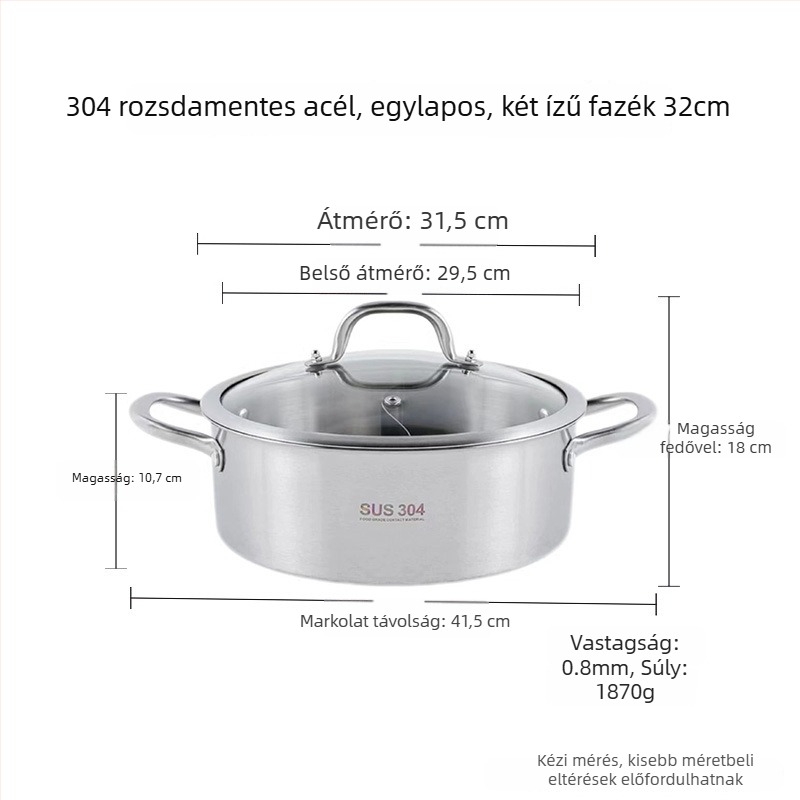 304 rozsdamentes acélból készült vastagfalú edény Yin-Yang mintával és dupla aljzattal, üvegfedél, kereskedelmi felhasználásra