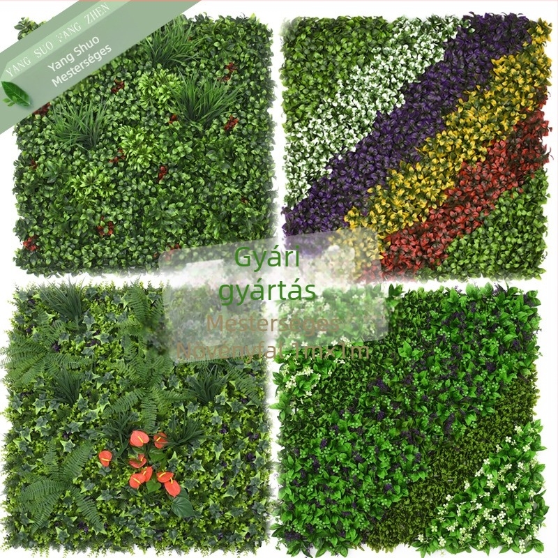 1x1 m méretű mesterséges növényfal zöld műfű háttérrel beltéri dekorációhoz