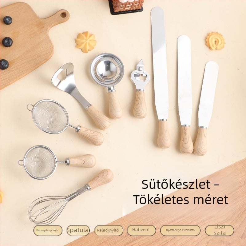 Rozsdamentes acél sütőkészlet fa nyéllel: sajtdaráló spatula, törő, fehérje szeparáló, liszt-szitáló, torta eszközök