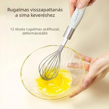 Fehér fogantyúval ellátott rozsdamentes acél tojásfehérje-szeparátor és lisztszitáló – konyhai sütéshez