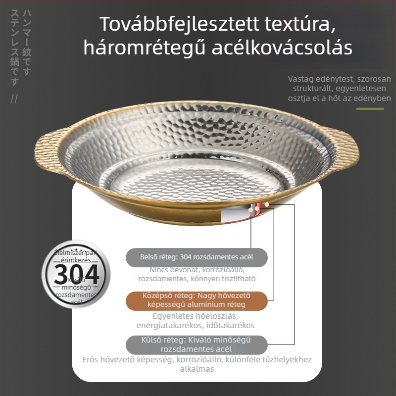 304 rozsdamentes acélból készült, háromrétegű kalapált felületű sekély leveses fazék hot pothoz és csípős ételekhez