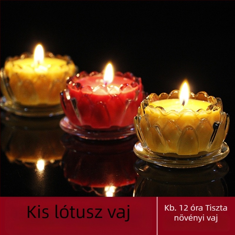 Lotuszvirágos vajlámpa buddhista tiszteletére, üveg templomi lámpa, 24/12/18 órás égési idő