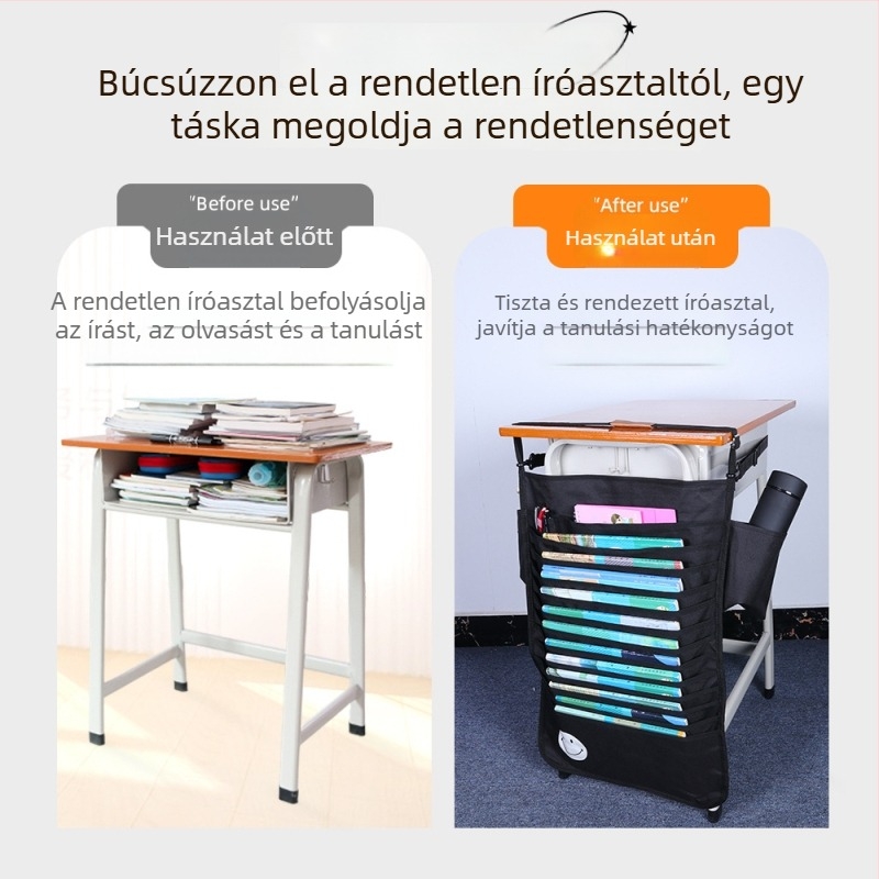 Nagy kapacitású könyvtáska íróasztalhoz, diákoknak, oldalsó könyv tartó állvány