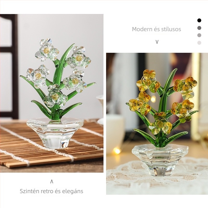 Kristályüveg orchid dekoráció nappaliba és íróasztalra, minimalistikus modern 3D dizájn, több színben
