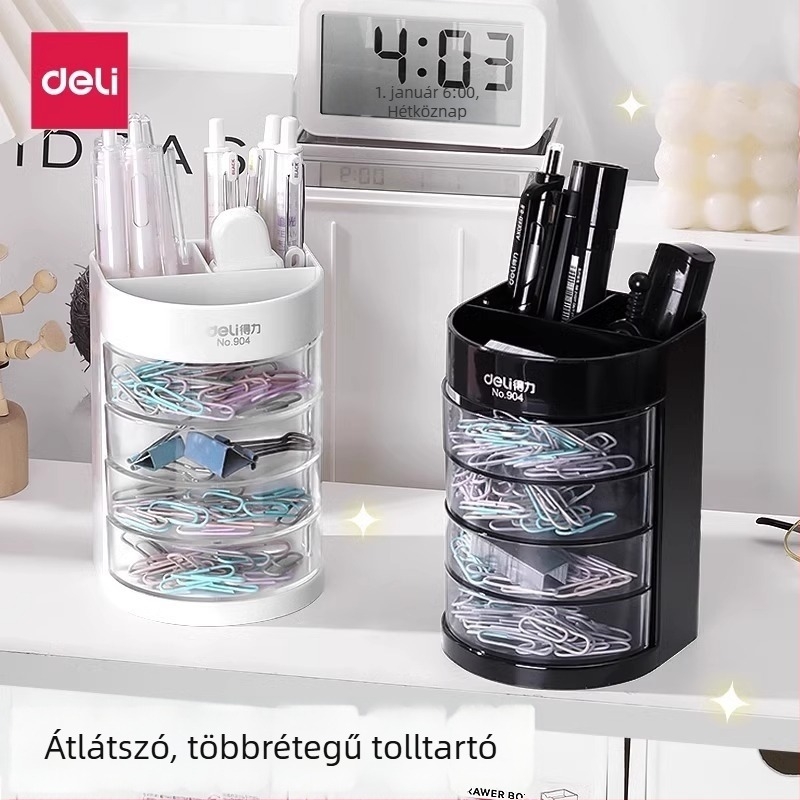 Deli 9147 Átlátszó tolltartó – Irodaasztali rendező háromrétegű papírcsipesz-tárolóval, aranyos és multifunkcionális