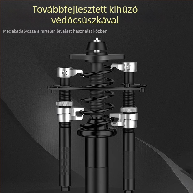 Teljes járműhöz készült rugó- és csillapító szerelő eszköz, kézi görgős karmás kivitel a rugó összenyomásához