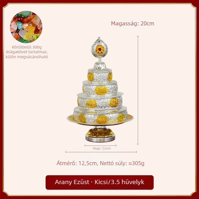Kis méretű rézötvözetű mandala adományozó tál tartóval és hét értékes kővel