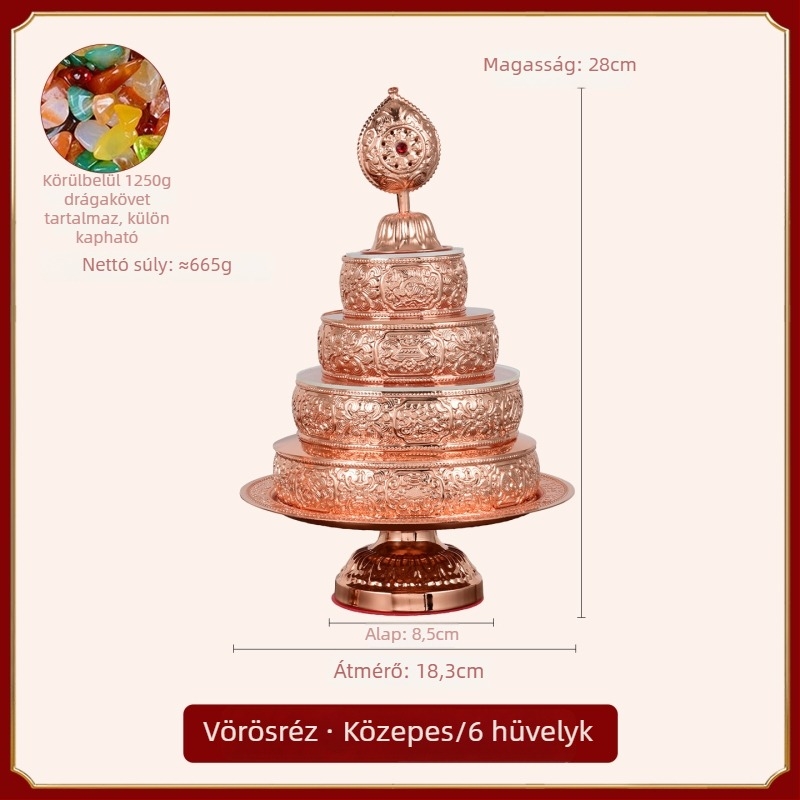 Kis méretű rézötvözetű mandala adományozó tál tartóval és hét értékes kővel