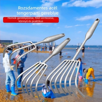 Rozsdamentes acélból készült, integrált hegesztett nyélű kertészeti gereblye, több karommal a talaj fellazításához