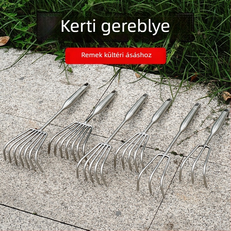 Rozsdamentes acélból készült, integrált hegesztett nyélű kertészeti gereblye, több karommal a talaj fellazításához