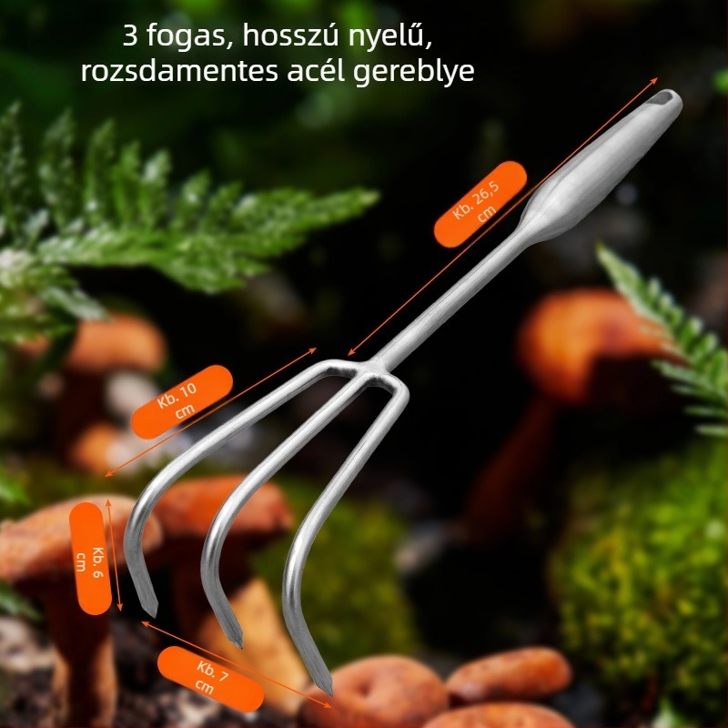 Rozsdamentes acélból készült, integrált hegesztett nyélű kertészeti gereblye, több karommal a talaj fellazításához