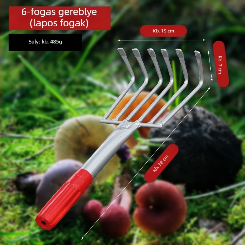 Rozsdamentes acélból készült, integrált hegesztett nyélű kertészeti gereblye, több karommal a talaj fellazításához