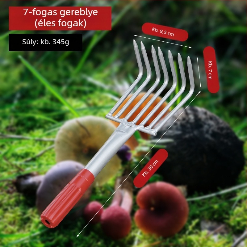 Rozsdamentes acélból készült, integrált hegesztett nyélű kertészeti gereblye, több karommal a talaj fellazításához