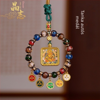 Tibeti-stílusú Thangka autófüggő, mázas üvegből, Sárga Pénz Istennel, abakusszal és az Öt Út Pénz Isteneivel – prémium belső dekoráció kínai stílusban