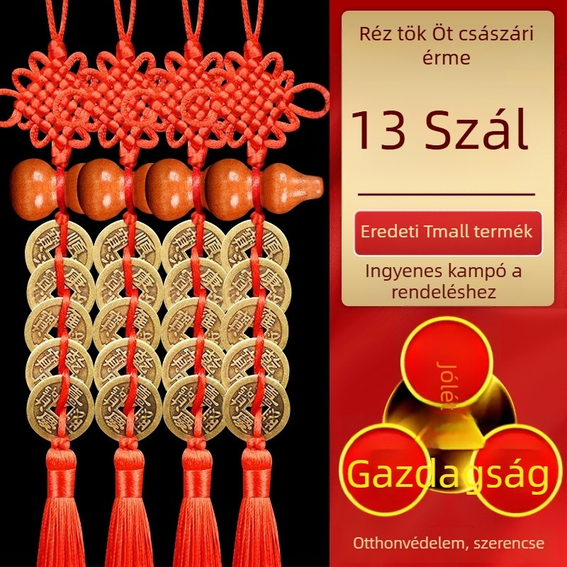 Hiteles Öt Császár Érmeivel készített tök alakú medál barackfa-fából, réz érme és kínai szerencse csomó, ajtókhoz, ablakokhoz, hálószobához és konyhához