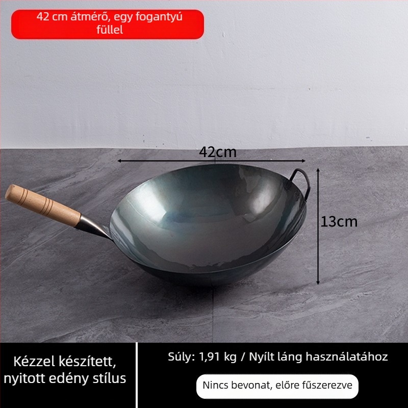 Lu Run vasból készült wok bevonat nélkül, vastított aljjal, nagy köralapú, professzionális konyhákhoz