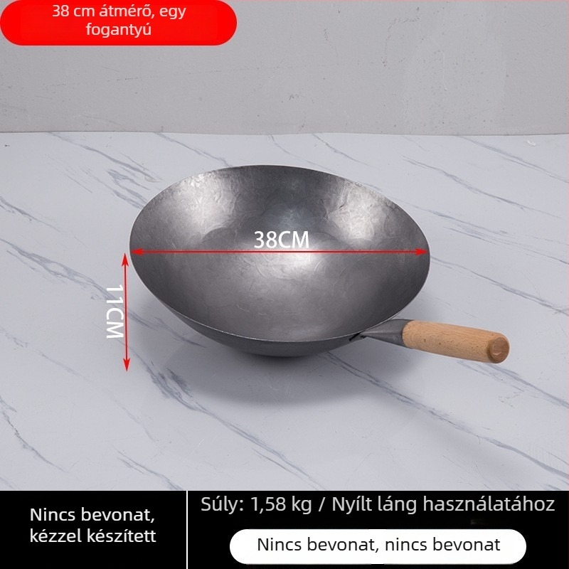 Lu Run vasból készült wok bevonat nélkül, vastított aljjal, nagy köralapú, professzionális konyhákhoz