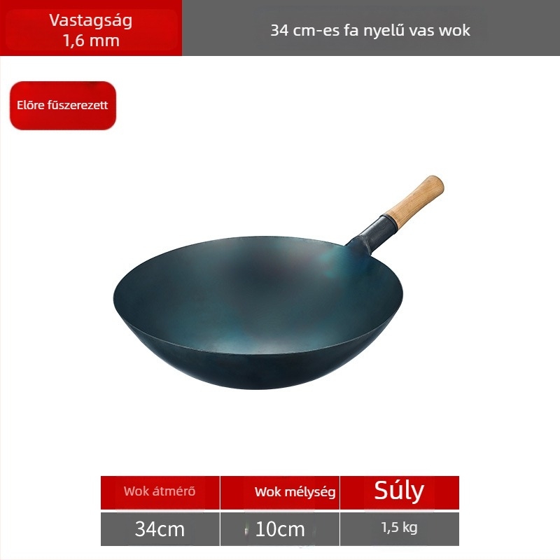Lu Run vasból készült wok bevonat nélkül, vastított aljjal, nagy köralapú, professzionális konyhákhoz