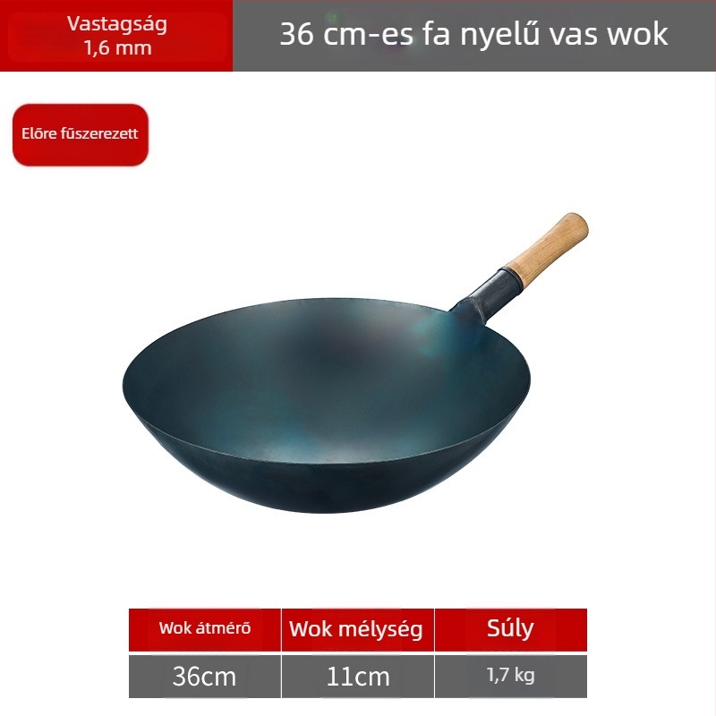 Lu Run vasból készült wok bevonat nélkül, vastított aljjal, nagy köralapú, professzionális konyhákhoz