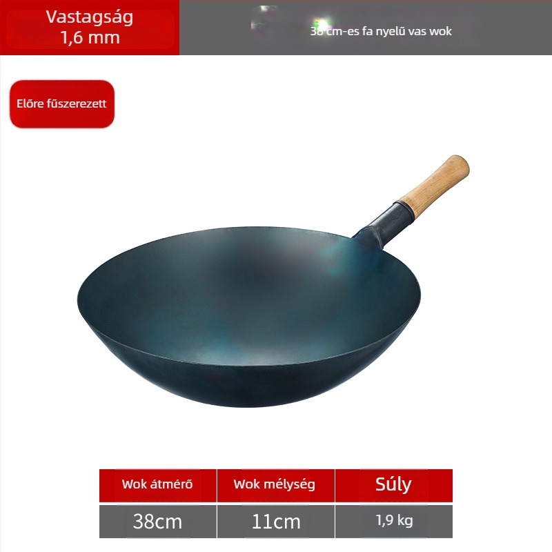 Lu Run vasból készült wok bevonat nélkül, vastított aljjal, nagy köralapú, professzionális konyhákhoz