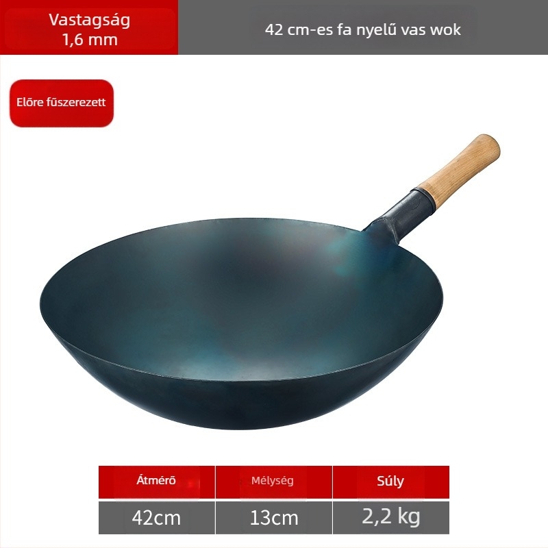 Lu Run vasból készült wok bevonat nélkül, vastított aljjal, nagy köralapú, professzionális konyhákhoz