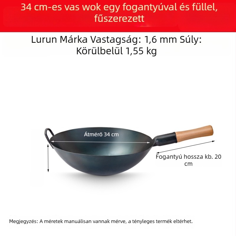 Lu Run vasból készült wok bevonat nélkül, vastított aljjal, nagy köralapú, professzionális konyhákhoz