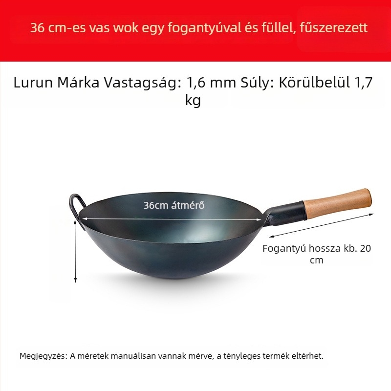 Lu Run vasból készült wok bevonat nélkül, vastított aljjal, nagy köralapú, professzionális konyhákhoz