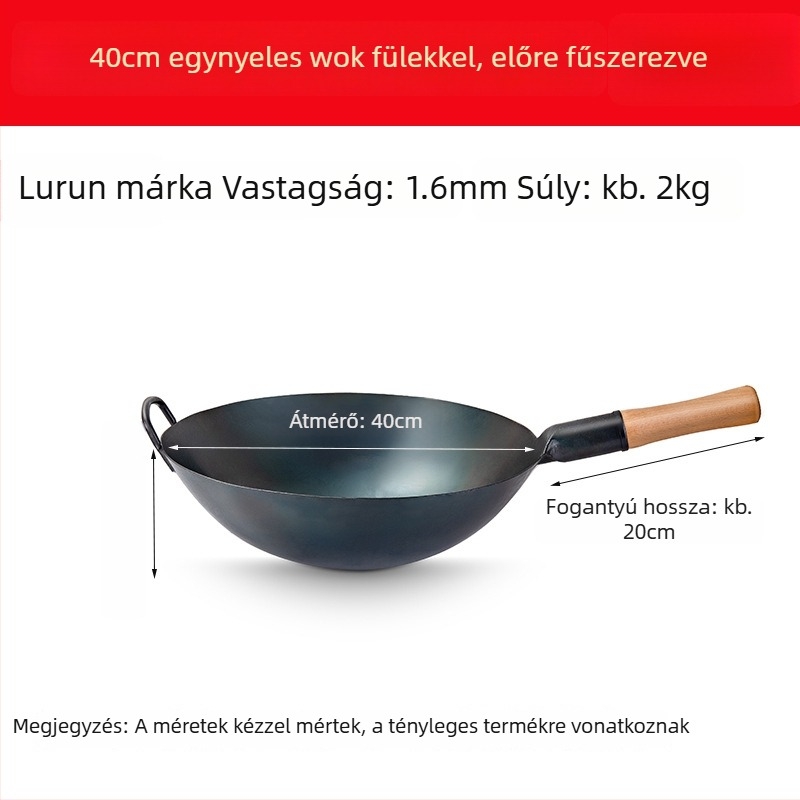 Lu Run vasból készült wok bevonat nélkül, vastított aljjal, nagy köralapú, professzionális konyhákhoz