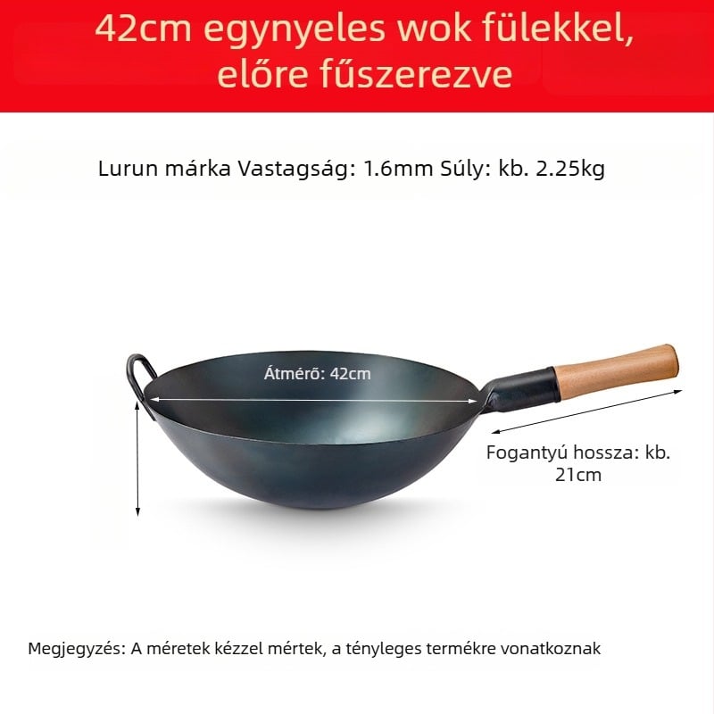 Lu Run vasból készült wok bevonat nélkül, vastított aljjal, nagy köralapú, professzionális konyhákhoz