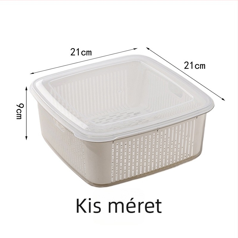 Konyhai kétszintes szűrőkosár fedéllel gyümölcs- és zöldségmosáshoz, méretek 25×25×11 cm, PET+PP