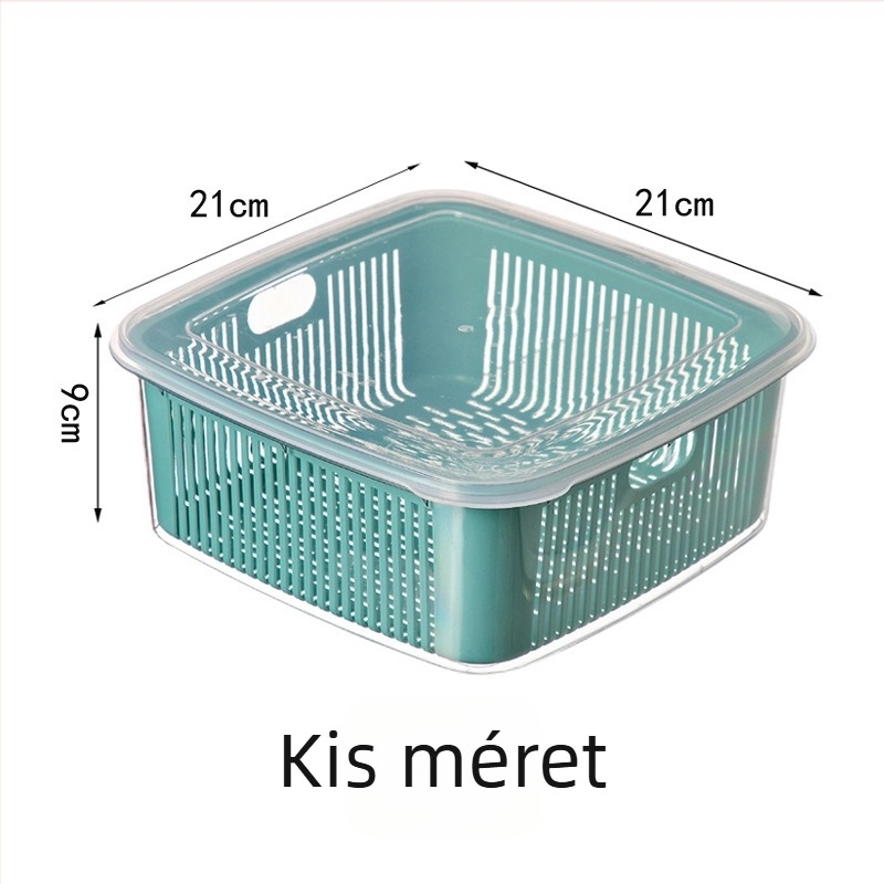 Konyhai kétszintes szűrőkosár fedéllel gyümölcs- és zöldségmosáshoz, méretek 25×25×11 cm, PET+PP