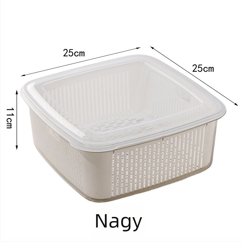 Konyhai kétszintes szűrőkosár fedéllel gyümölcs- és zöldségmosáshoz, méretek 25×25×11 cm, PET+PP