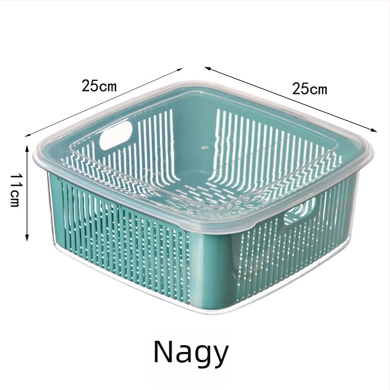 Konyhai kétszintes szűrőkosár fedéllel gyümölcs- és zöldségmosáshoz, méretek 25×25×11 cm, PET+PP
