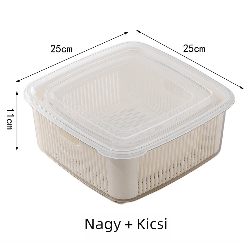 Konyhai kétszintes szűrőkosár fedéllel gyümölcs- és zöldségmosáshoz, méretek 25×25×11 cm, PET+PP