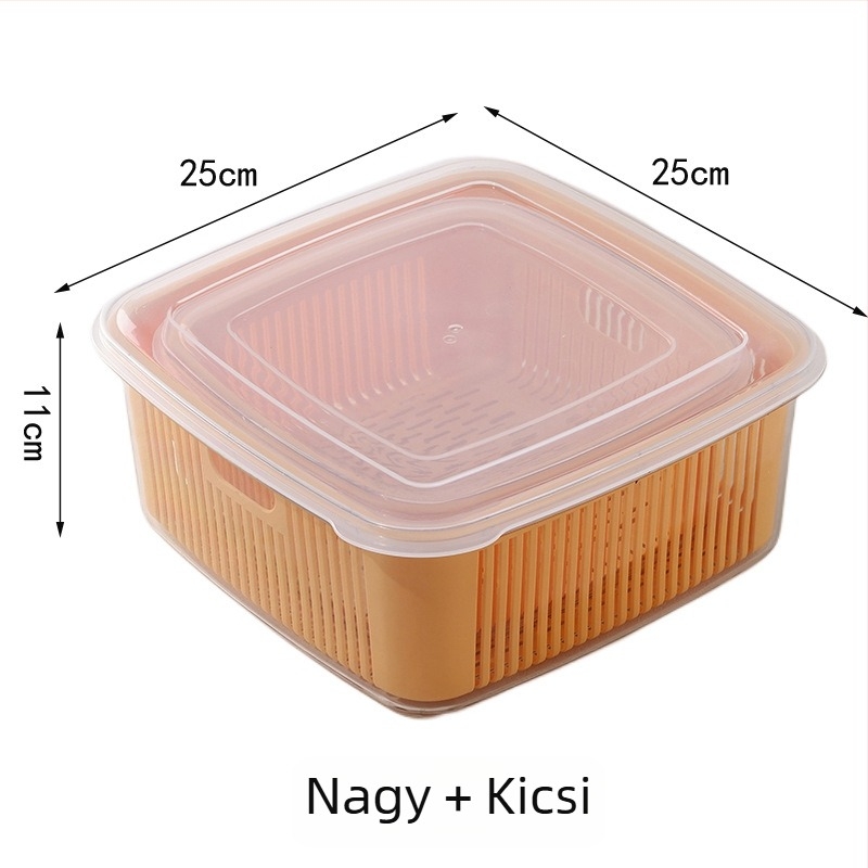 Konyhai kétszintes szűrőkosár fedéllel gyümölcs- és zöldségmosáshoz, méretek 25×25×11 cm, PET+PP