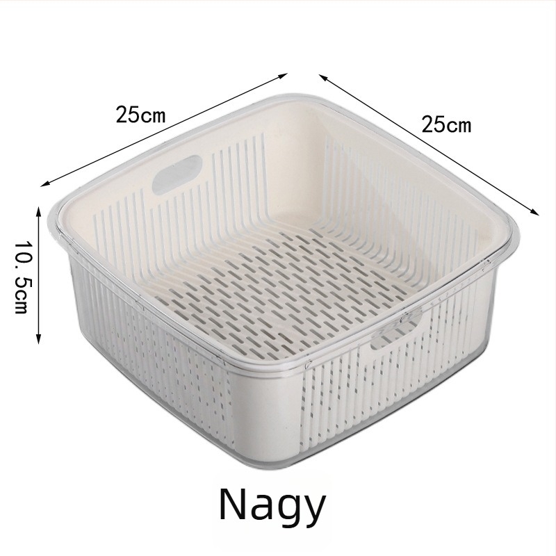 Konyhai kétszintes szűrőkosár fedéllel gyümölcs- és zöldségmosáshoz, méretek 25×25×11 cm, PET+PP