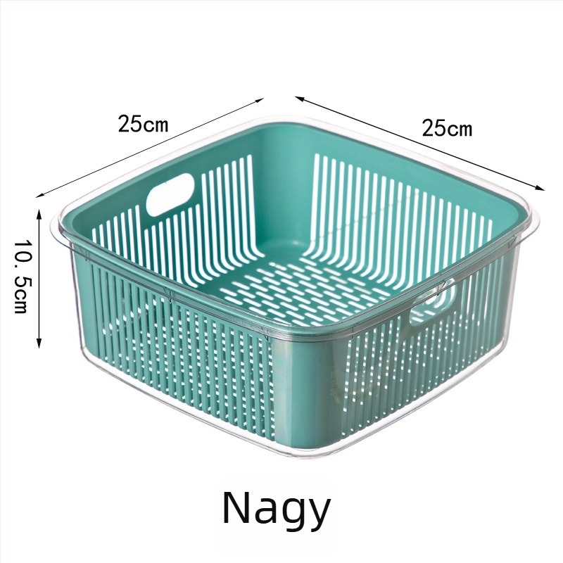Konyhai kétszintes szűrőkosár fedéllel gyümölcs- és zöldségmosáshoz, méretek 25×25×11 cm, PET+PP