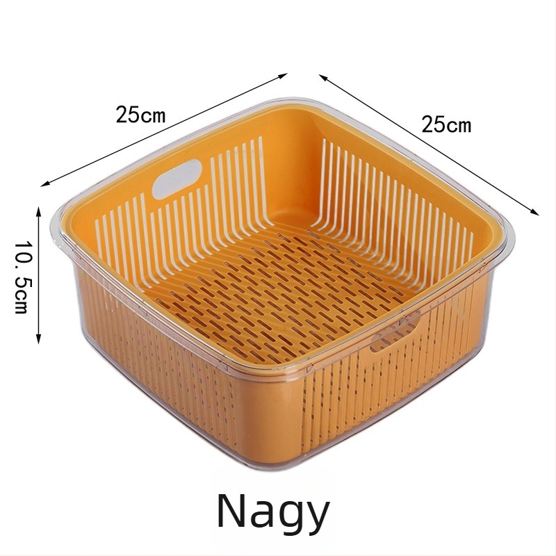 Konyhai kétszintes szűrőkosár fedéllel gyümölcs- és zöldségmosáshoz, méretek 25×25×11 cm, PET+PP