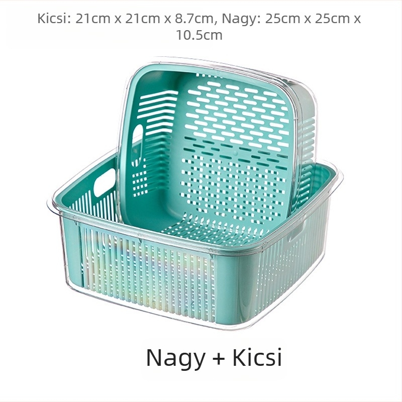Konyhai kétszintes szűrőkosár fedéllel gyümölcs- és zöldségmosáshoz, méretek 25×25×11 cm, PET+PP