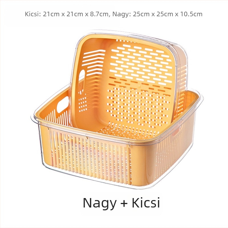 Konyhai kétszintes szűrőkosár fedéllel gyümölcs- és zöldségmosáshoz, méretek 25×25×11 cm, PET+PP