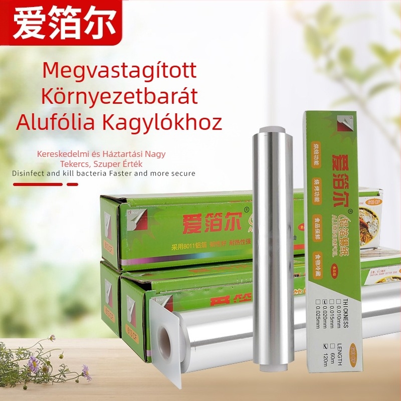 613/615 méretű nagy tekercs alumínium fólia grillsütéshez és sütéshez, szélesség 38/45 cm, vastagság 15–30 mm, nyomtatott logóval