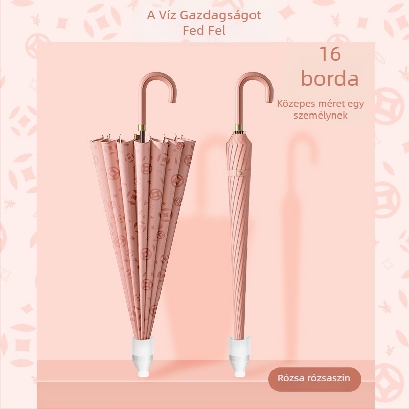 Ívelt fogantyújú 24 bordás vízálló esernyő, nagy méretű két személyes hosszú nyéllel, automata, szélálló, megnövelt egyenes rúddal