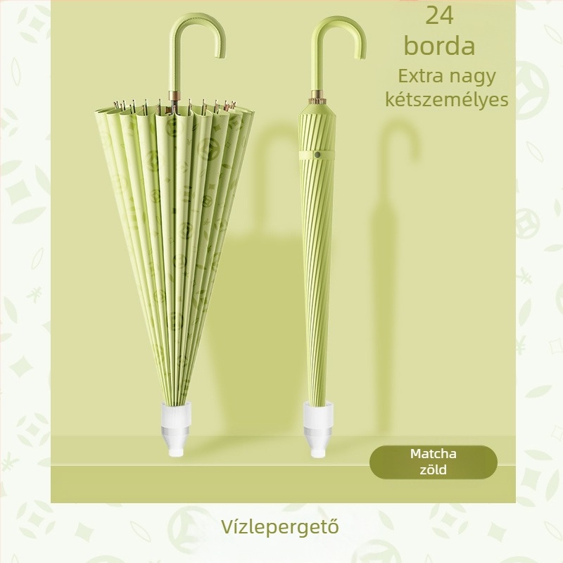 Ívelt fogantyújú 24 bordás vízálló esernyő, nagy méretű két személyes hosszú nyéllel, automata, szélálló, megnövelt egyenes rúddal