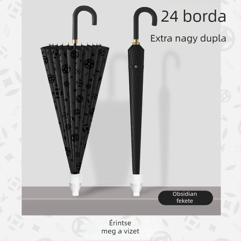 Ívelt fogantyújú 24 bordás vízálló esernyő, nagy méretű két személyes hosszú nyéllel, automata, szélálló, megnövelt egyenes rúddal