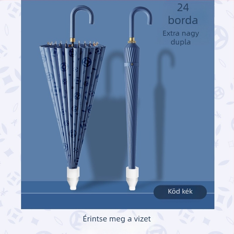 Ívelt fogantyújú 24 bordás vízálló esernyő, nagy méretű két személyes hosszú nyéllel, automata, szélálló, megnövelt egyenes rúddal