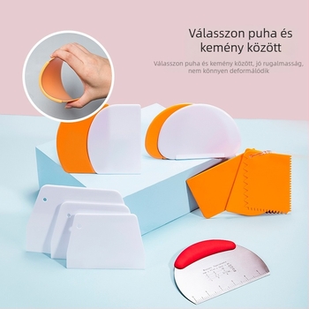 Élelmiszerbiztos műanyag sütőeszközök: krém- és torta spatulák, rizstészta tekercshez kés, puha spatula trapezoid alakú félkör alakú formával.