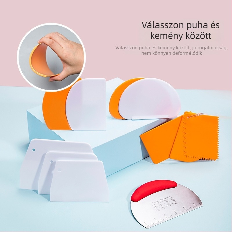Élelmiszerbiztos műanyag sütőeszközök: krém- és torta spatulák, rizstészta tekercshez kés, puha spatula trapezoid alakú félkör alakú formával.