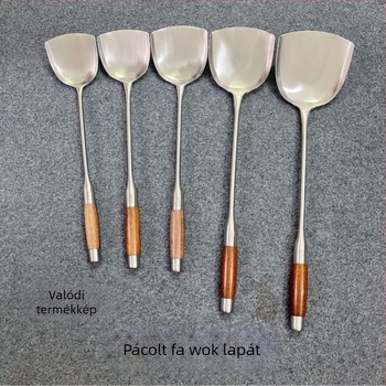 Rozsdamentes acél kanál rózsafa fogantyúval – sütéshez és tálaláshoz, hosszú nyél, többfunkciós spatula-kanál wokhoz, leveshez és zabkásához